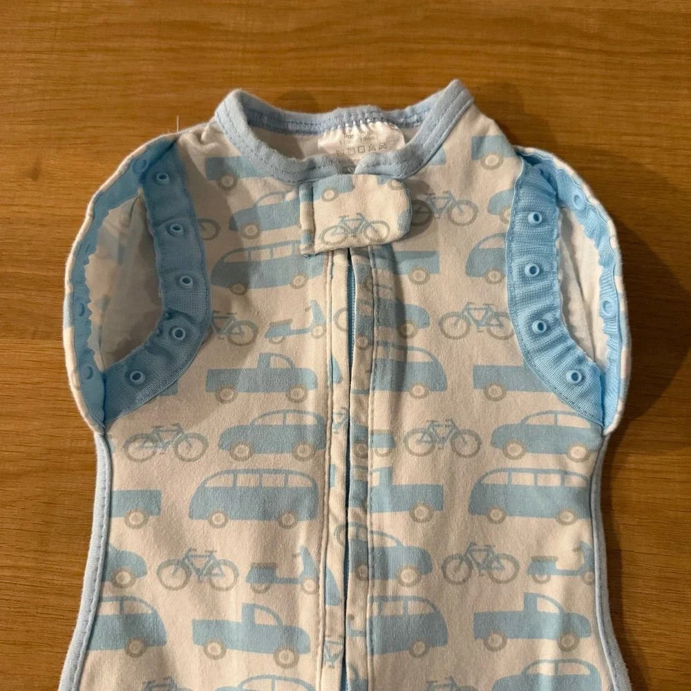 Woombie Transitional Swaddle 0-3 Months Blue White Truck Bicycle Sleep Sack
